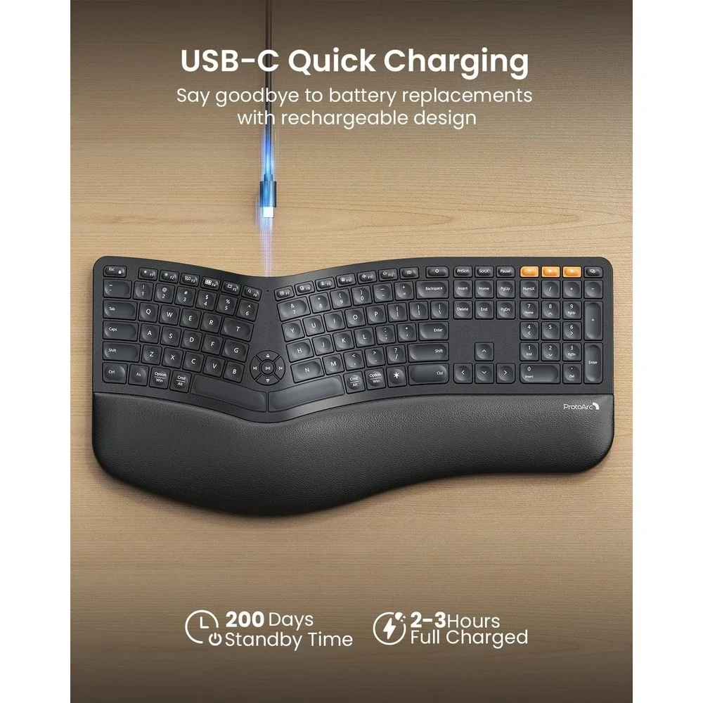 ProtoArc EK01 Plus Ergonomic Split Bluetooth Keyboard USB Wireless Backlit Black